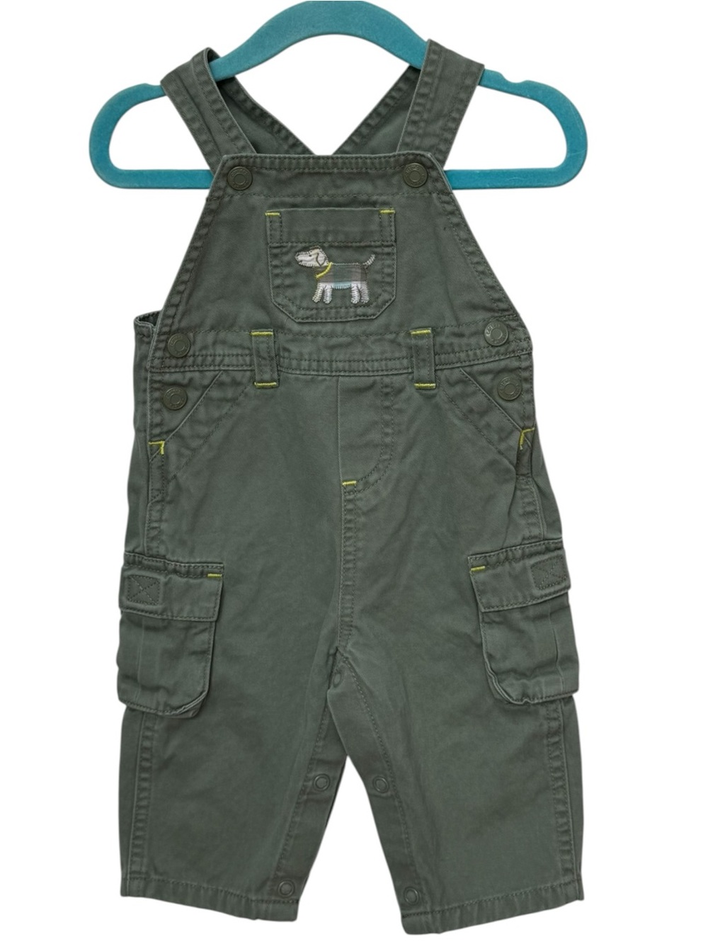 Carter’s Baby Boys Kids Green Dog Embroidered Cotton Overalls. 6 Months.